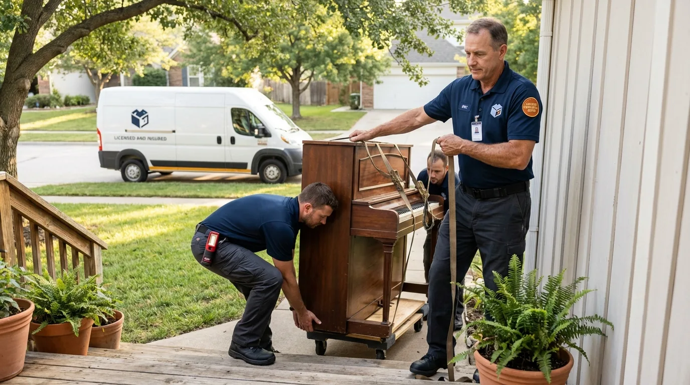 Licensed piano movers securing grand piano in Brookston, IN