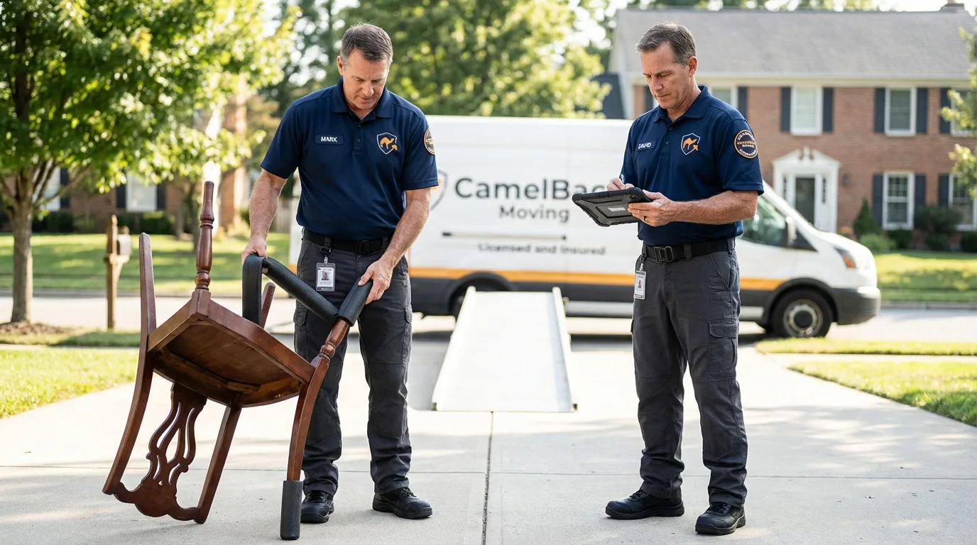 Movers inspecting furniture for damage prevention before loading in Brookston, IN