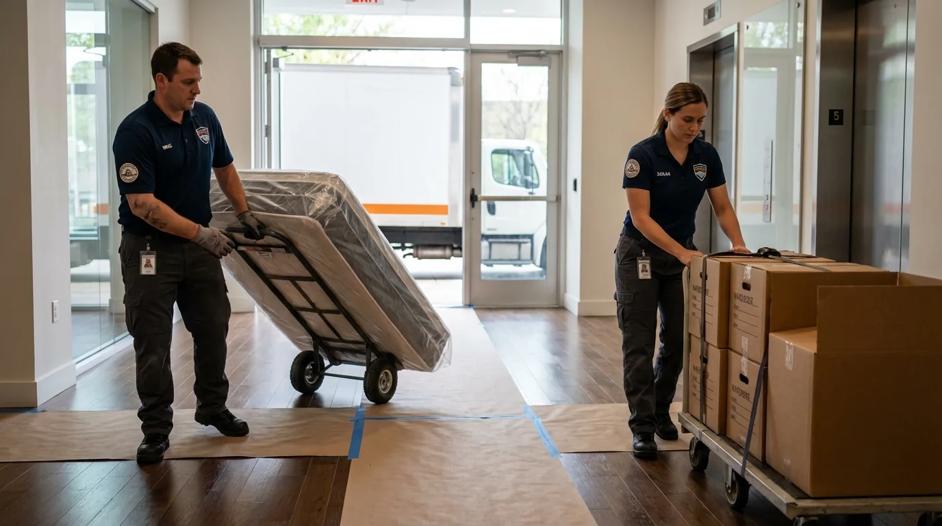 Professional apartment movers loading elevator in Brookston, IN
